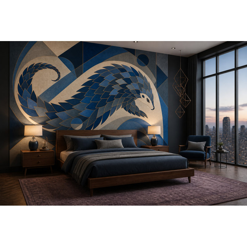 Papier peint art déco géométrique abstrait oiseau, 120 po x 96 po, Peler et coller
