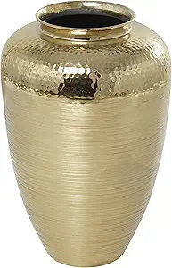 Vase en aluminium doré D10X12 "avec détails en cuir artificiel noir