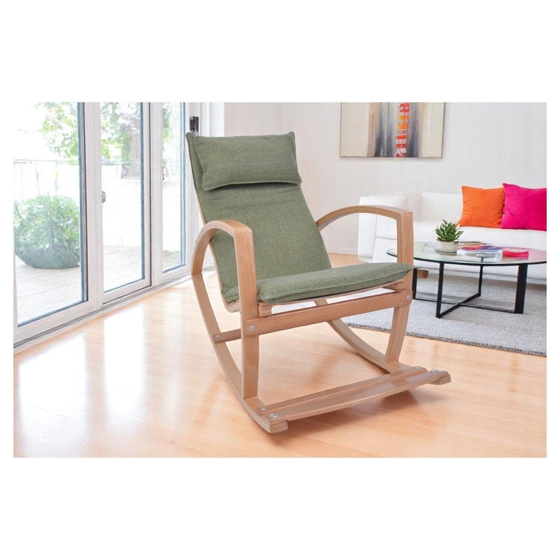 Fauteuil à bascule moderne rembourré avec structure en bois massif et dossier haut, vert