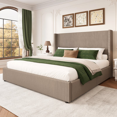 Upholstered Corduroy Bed with 4 Storage Drawers, King Size Platform Bed with Wingback Headboard, Brown