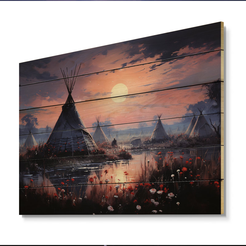 Tipi amérindien rassemblement mystique sur bois, H 10 po x l 20 po x P 0,78 po