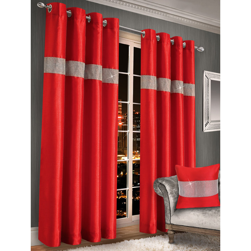 Stunning Diamonte Panel Curtain Pair, 46cm Width x 54cm Drop, Red