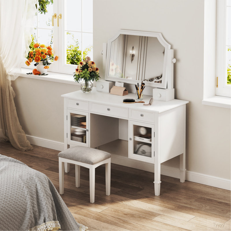 44.4" Makeup Vanity Desk With Large Adjustable Mirror, Dressing Table Set With Drawer & Cabinet, Space-Saving Beauty Station For Bedroom, White
