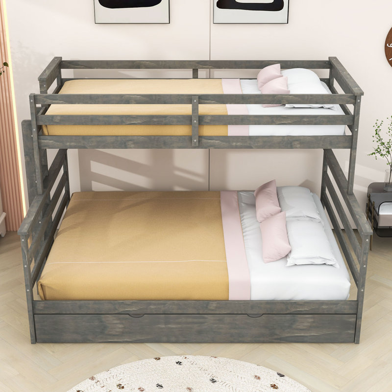 Wood Frame Twin XL Over Queen Bunk Bed with Trundle, Gray