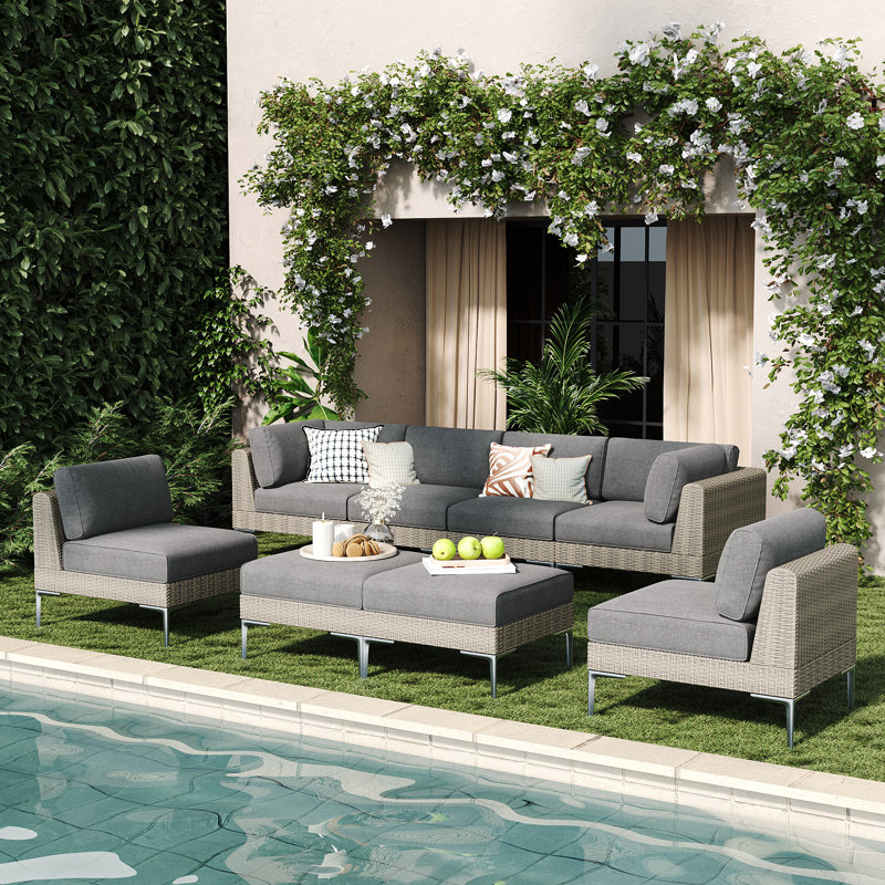  8-piece Wicker Rattan Patio Furniture Set, Deep Seating Outdoor Modular Sectional Sofa Conversation Set With Thick Cushions For Lawn, Garden