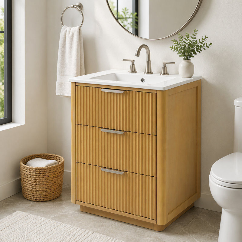 24 inch Modern Luxury Bathroom Vanity with Ceramic Sink, 3 Drawers, Vertical Grooved Texture Washbasin Unit