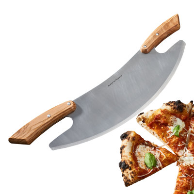 17” Pizza Cutter Rocker Blade - Stainless Steel Slicer With Double Olivewood Handles For Easy Cutting - Large Mezzaluna Chopper - Pizza Oven Accessories By Classic Cuisine