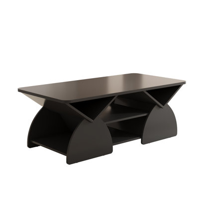 Engineered Wood Rounded Corner Rectangular Coffee Table For Living Room, Easy Assembly Storage Table With Open Shelves Sturdy Frame For Reception Room, Modern Coffee Table Geometric Design BLACK