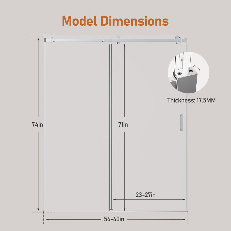 56"-60" W X 74" H Frameless Single Sliding Shower Door,  5/16" (8Mm) Thickened Upgrade Tempered Glass Door, Smooth Roller Stainless Steel Hardware, Reversible Mounted Modern Bathroom Enclosure