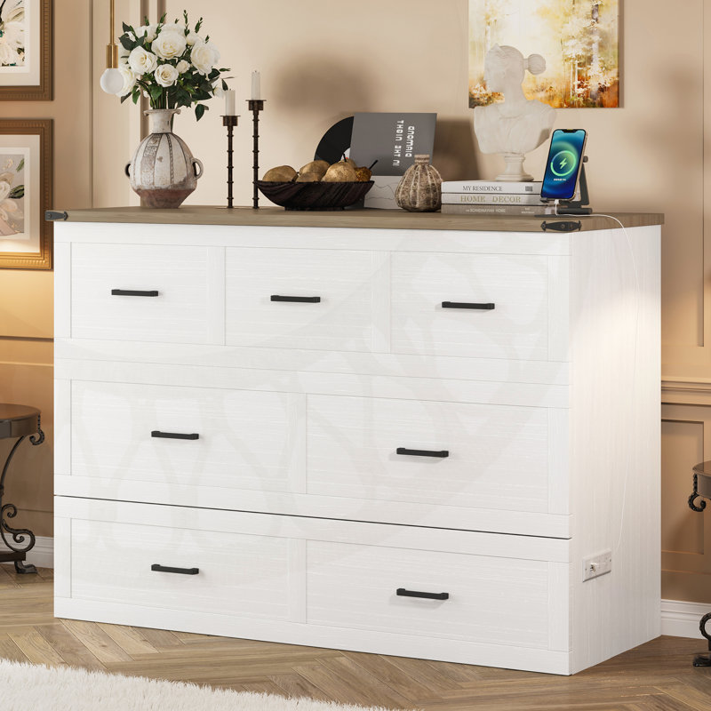 Murphy Antonin Cabinet Full Size with Charging Station, Multi-Functional Foldable Platform Antonin with 1 Large Storage Drawer for Guest Room, Small Antoninroom