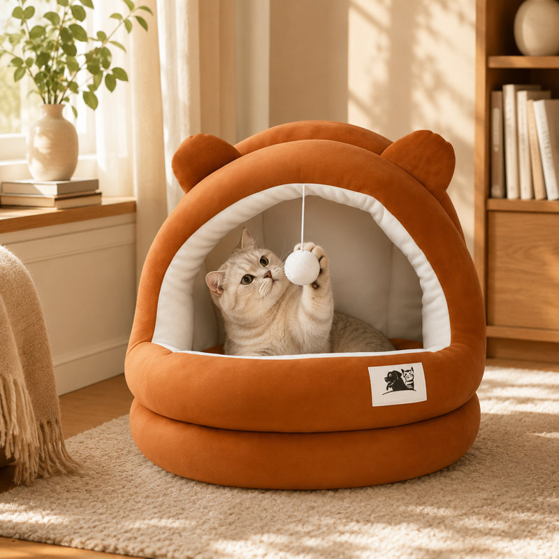 Mignonne maison de chat semi-fermée avec coussin moelleux, Ireyanna d'intérieur de style igloo chaud pour chats et petits chiens