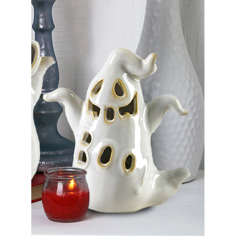 Mini fantômes en porcelaine avec lumières DEL Trinx - décorations d'Halloween, décorations de table et de tablettes effrayantes, figurines de fêtes durables pour Halloween, ensemble de 2
