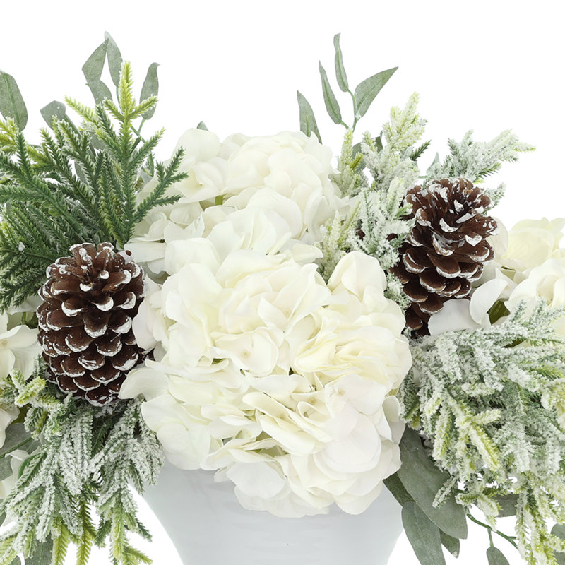 Holiday Arrangement with Sage, Hydrangeas and Pinecones