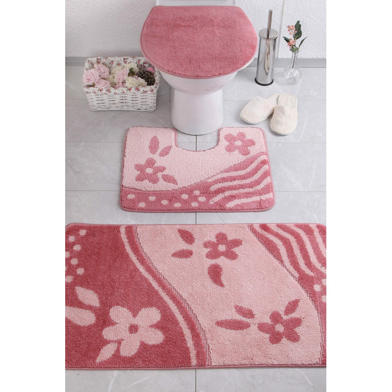 Ensemble de tapis de bain 3 pièces Shetye, Bourgogne / rose