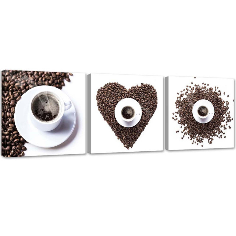 Coffee Bean Heart - 3 Piece Wrapped Canvas Print Set, 50cm H x 150cm W