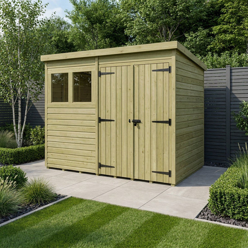 Total Sheds 8ft x 4ft Pent Garden Shed - Double Door - With Windows - Pressure Treated Timber - UK Manufactured