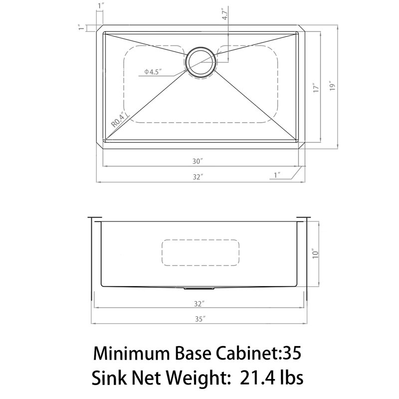 Évier de cuisine à simple cuve encastrable 32 po x 19 po avec finition en acier inoxydable 304 satiné Sinber, Calibre 16