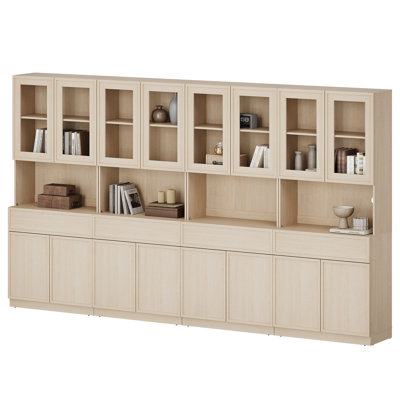 Modern 72" Tall Bookshelf with Glass Doors, Drawers & Adjustable Shelves, Closed Storage Cabinet and Glass Display Shelves, Wooden Bookcase for Home Office Living Room