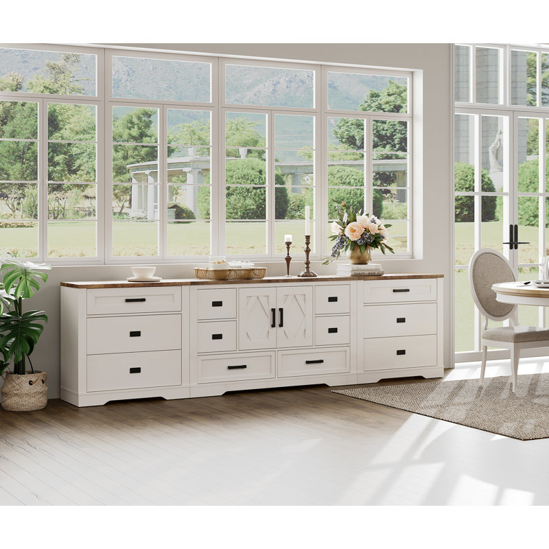 Laziza 3-In-1 Large Farmhouse Wood Entertainment Center With Drawers And Cabinet, White Wood
