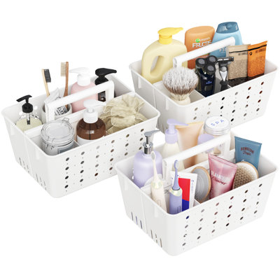 Support de douche portable, organisateur de salle de bain en plastique avec poignée et trous, panier de nettoyage dur pour le rangement des articles de toilette, College Dorm Essentials, blanc, 3 paquets