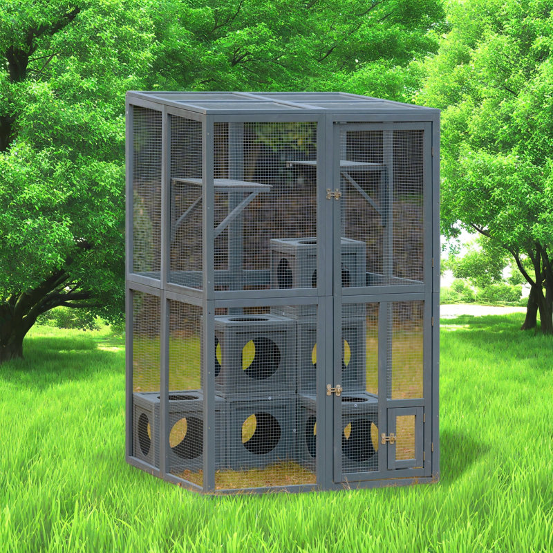 Grande cage extérieure pour chat avec 7 boîtes en bois amovibles et 2 longues plateformes
