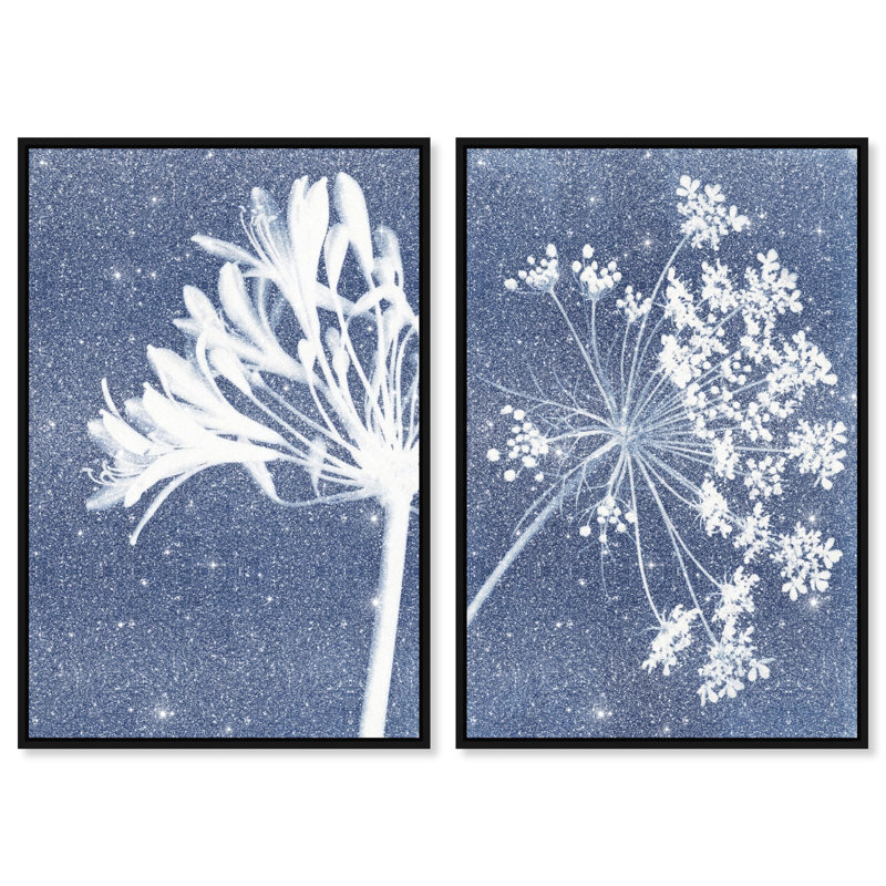 Cyan Flowers Set Set by Oliver Gal, 25"H x 37"W, Black Floater Frame