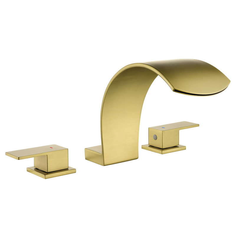 3 Hole Deck Mount Tub Faucet Waterfall Bathtub Faucet Brass Double Handle Tub Fillers With Valve, Brushed Gold