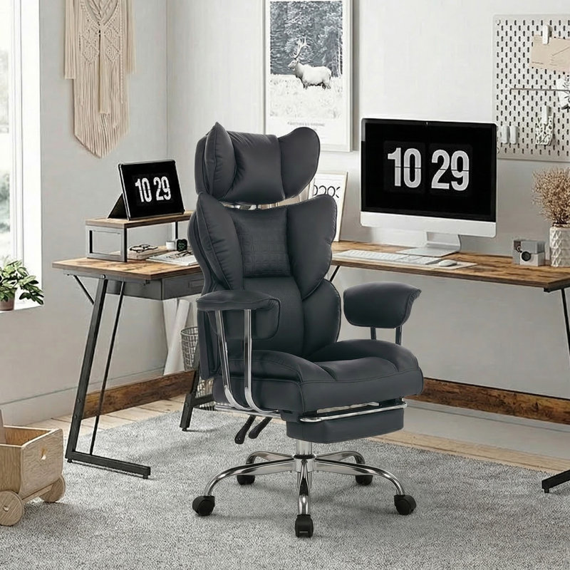 Fauteuil de bureau ergonomique Big & Tall avec repose-pieds, capacité de 350 lb, cuir PU de luxe embossé, Noir