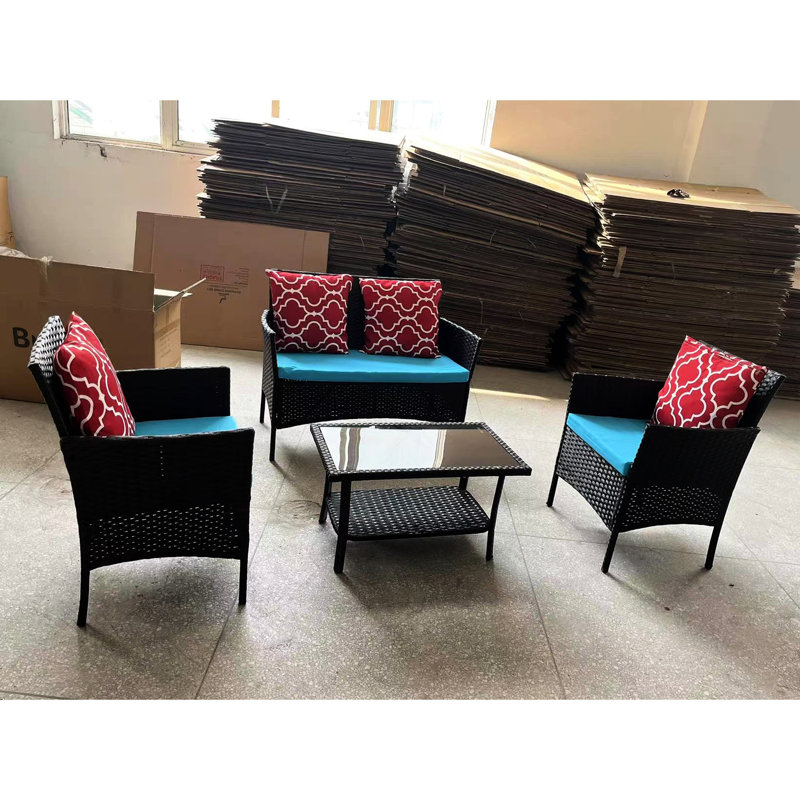 4 chaises de patio avec coussins bleus - eau, coussins bruns d'extérieur confortables,