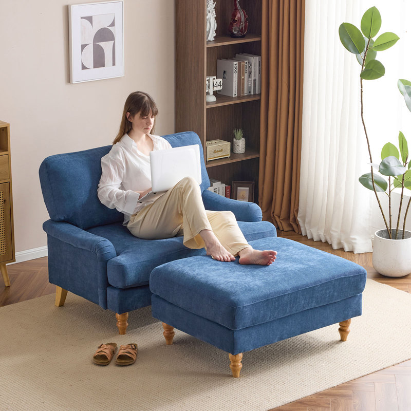 47" Upholstered Accent Chair With Ottoman,, Blue Foam Padding