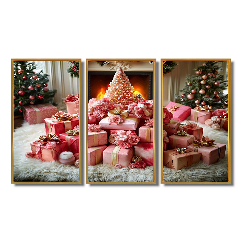 Ensemble de salon de Noël rose et rouge, Toile avec cadre flottant or, H 40 po x l 60 po x P 1 po