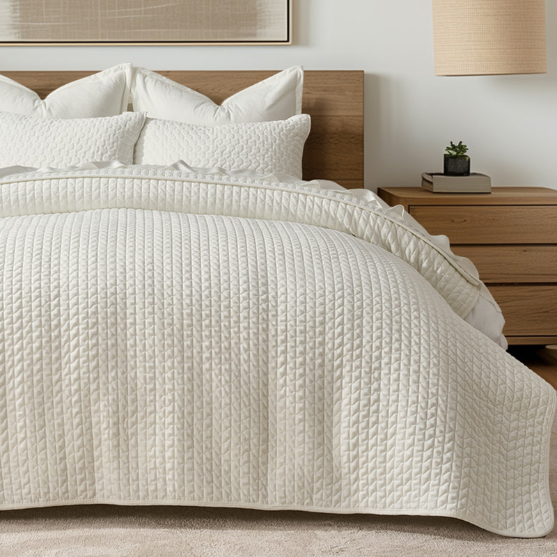 Cross-Stitch Velvet Quilt Set 3 Pieces, Queen, Cream White