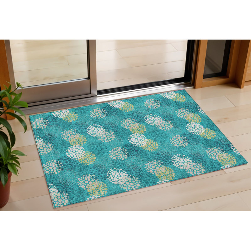 Tapis intérieur / extérieur lavable à pois gris émeraude 3 pi x 5 pi
