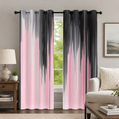 2Pcs Pink and Black Gradient Curtains, Abstract Vertical Striped Pattern Curtain, Modern Minimalist Fluid Line Printed Art Grommet Drapes, Window Treatment for Bedroom Living Room Decor
