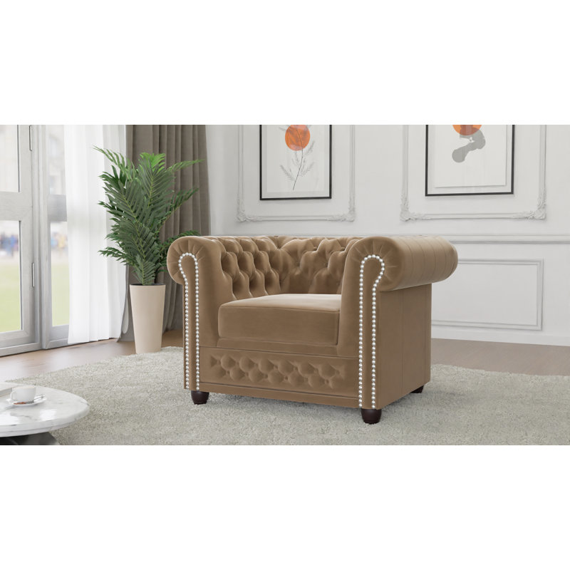 Chesterfield Armchair Hanna Made of Velvet Fabric with Solid Wood Legs, Beige