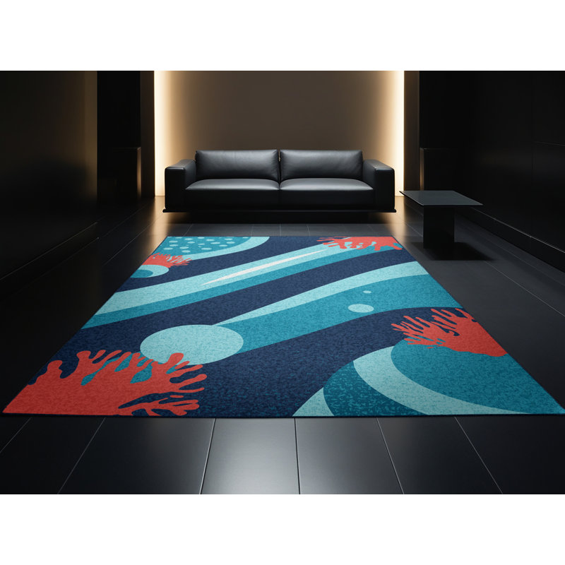 Machine Washable Paizlei Great Barrier Reef Contemporary Arc Rug in Green – Navy Binding, 4x6