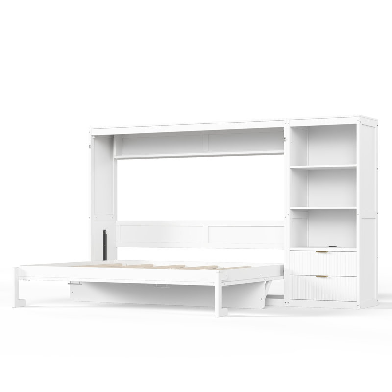 Lit escamotable Queen en bois avec étagères, tiroirs, lumière DEL et station de recharge, Blanc
