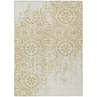 5' X 8' Ivory Medallion Washable Indoor Outdoor Area Rug