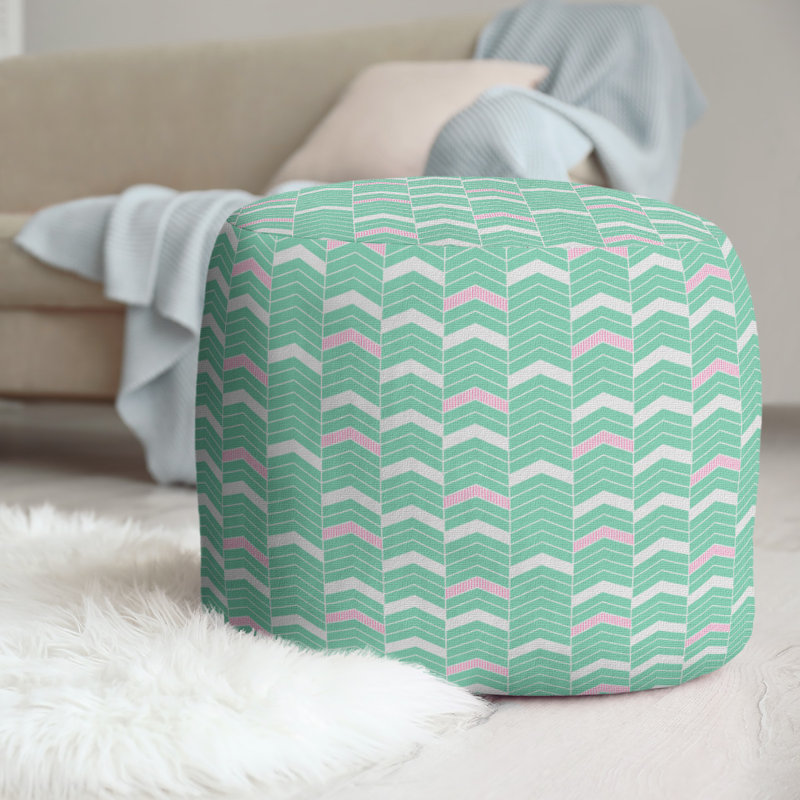 Upholstered Pouf, Green/Pink