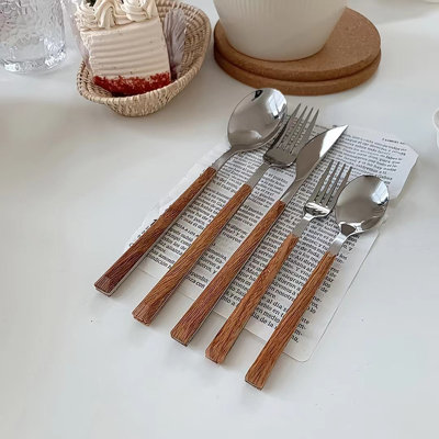 Ensemble de 20 cuillères à dîner en acier inoxydable et couteaux à steak, couverts élégants en bois pour les repas, ustensiles durables et portables