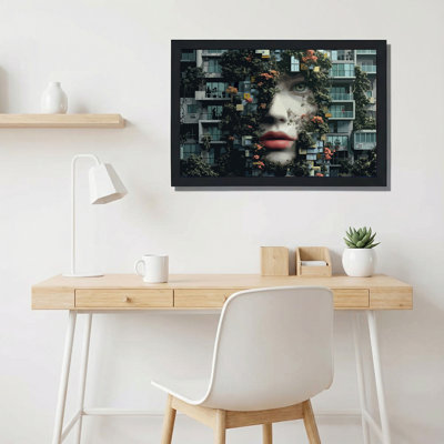 Woman Face Blended With Apartment Building And Greenery Canvas Wall Art