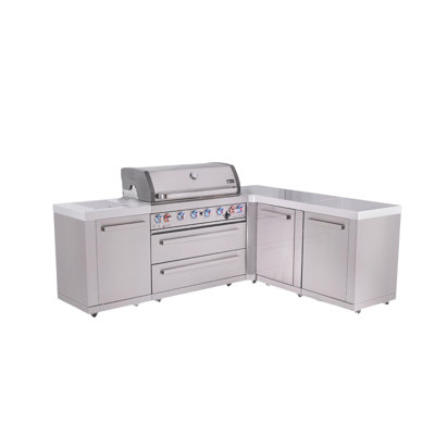 Mont Alpi Original Series 94"w X 75"d X 46"h L-shaped Stainless Steel Premium Outdoor Kitchen Island With Side Burner + 44"w 6-burner Bbq Gas Grill + White Granite Countertops + Storage Cabinets And Drawers  + Natural Gas Convertible + Lifetime Warranty