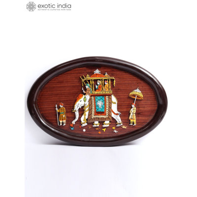 18" Royal Ride On Elephant 3D Inlay Work Natural Color on Wood Panel - Handcrafted Traditional Indian Cultural Wildlife Wall Art Home Decor