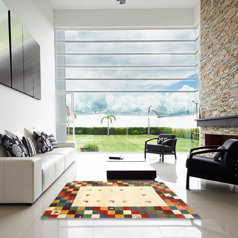 Tapis abstrait beige / vert / rouge Abrar, Carré 7 pi