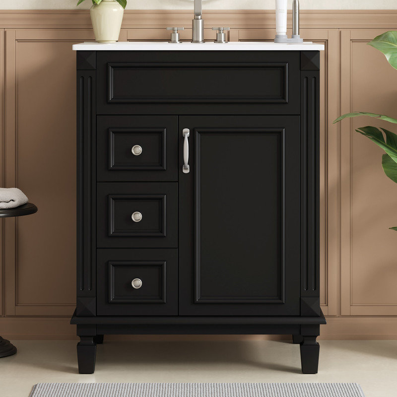 Meuble-lavabo moderne avec lavabo en céramique et tiroirs de rangement, Noir / argenté