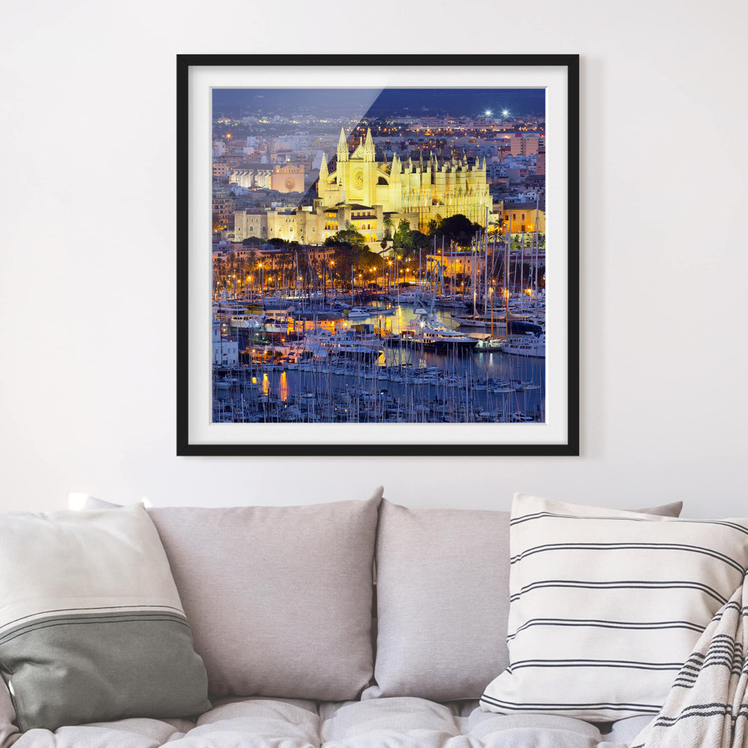 Gerahmtes Papierbild Palma de Mallorca City Skyline und Hafen