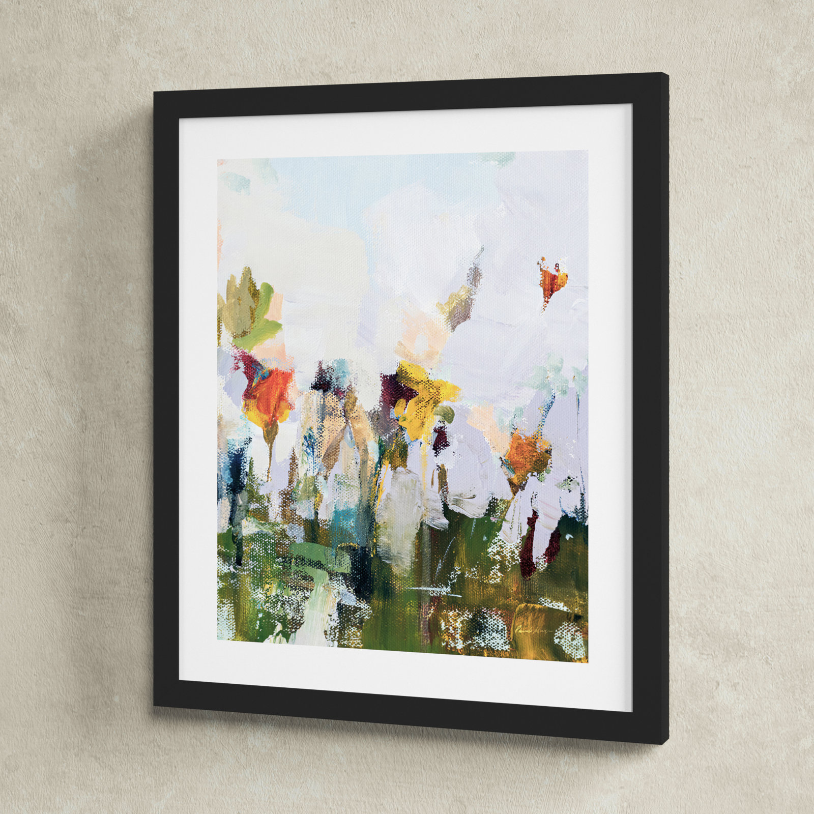 Spontaneous Summer Flowers Painting, 18.25" H x 15.38" W x 0.88" D, Black