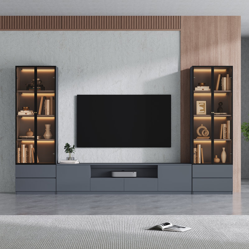 Ensemble de 3 meubles télé modernes de 126 pouces (320 cm) pour téléviseurs jusqu'à 75 pouces (190 cm), meuble télé en bois avec rangement, console télé grise et deux étagères en verre à 4 niveaux pour la maison