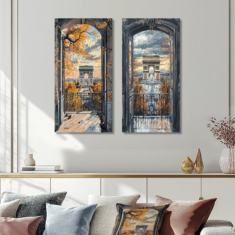 Ensemble de 2 pièces d'art jaune de l'Arc de Triomphe à Paris I - City Paris, H 32 po x l 32 po, Toile tendue