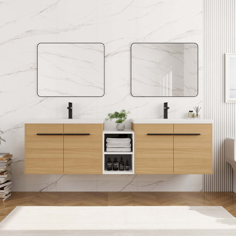 Meuble-lavabo mural avec lavabo en résine et rangement modulaire, 71" W